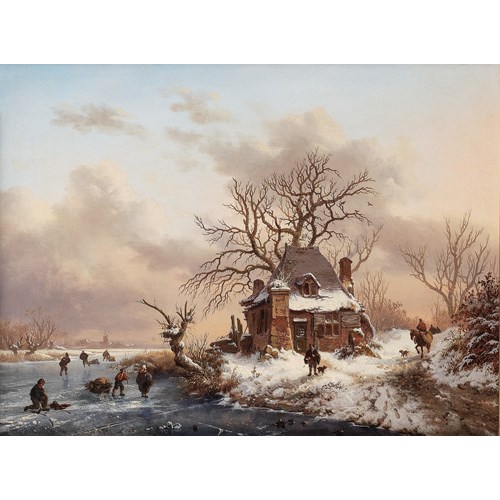Winter Landscape with travellers near a farm